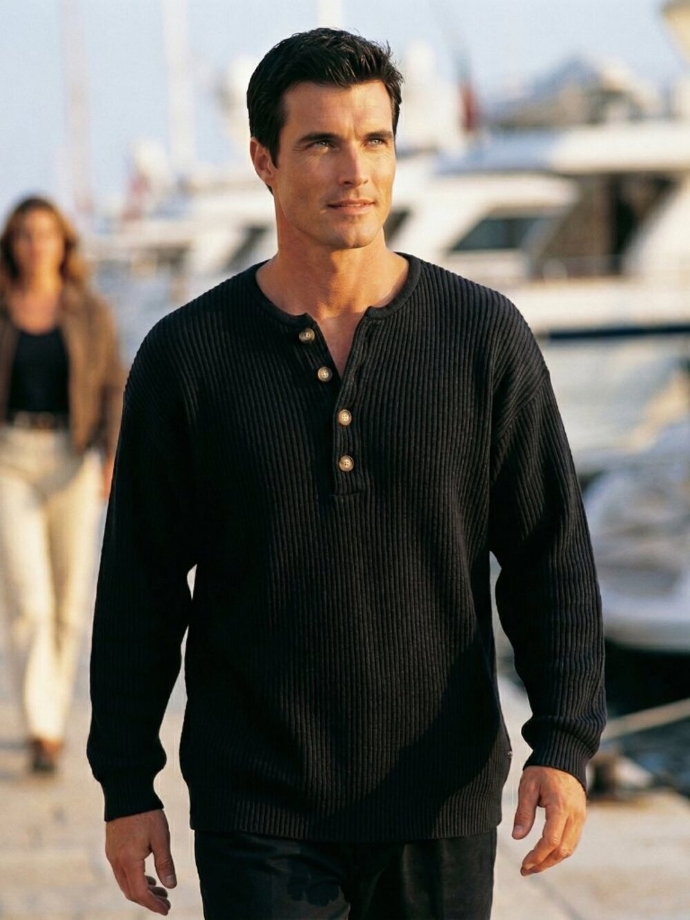 International Male Mens M Sweater Black Ramie Cotton Ribbed Henley Archival Rare